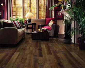 dark wood look luxury vinyl plank in living room with red accents